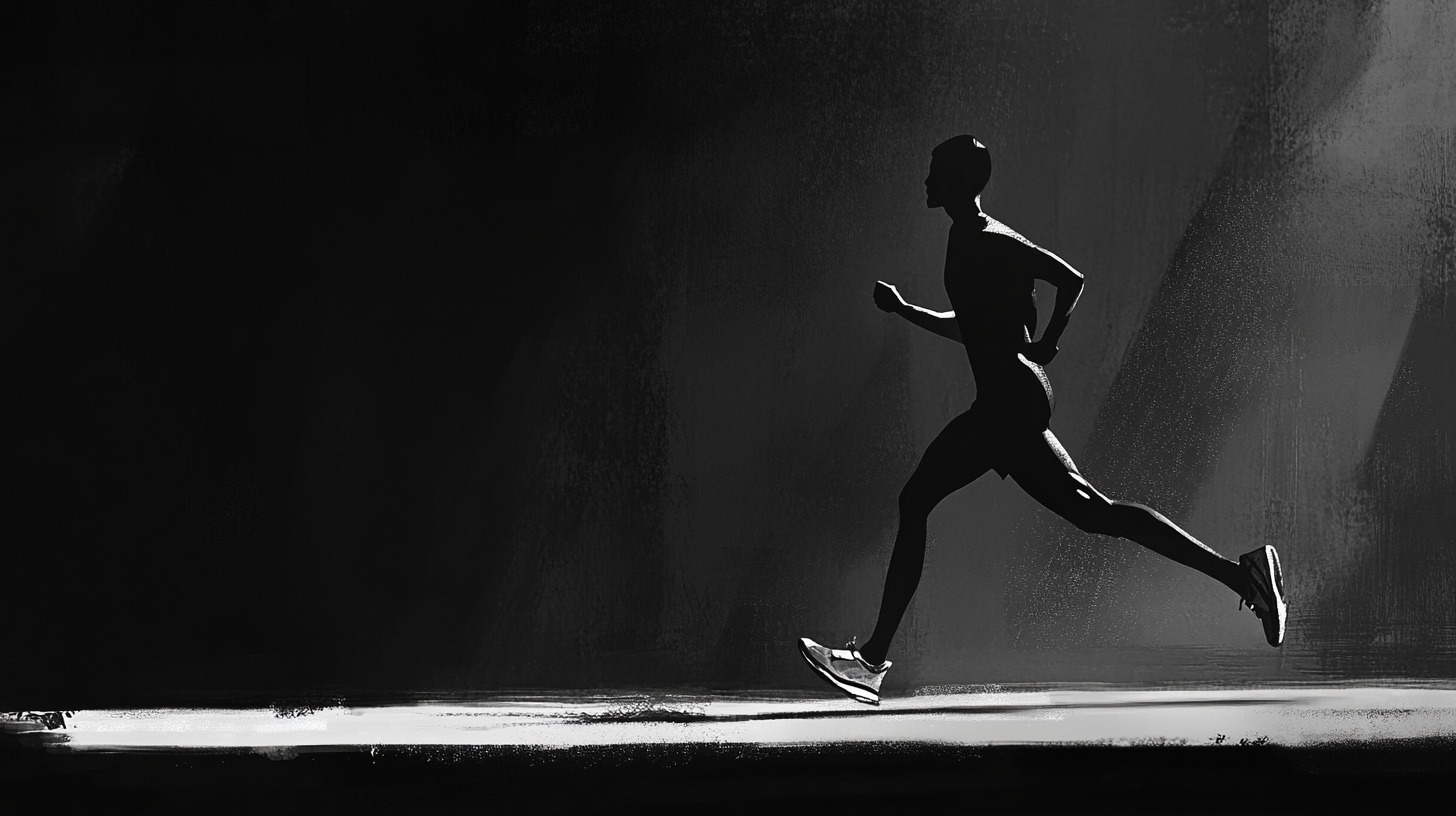 Silhouette of a runner in motion on a dark background with focused light