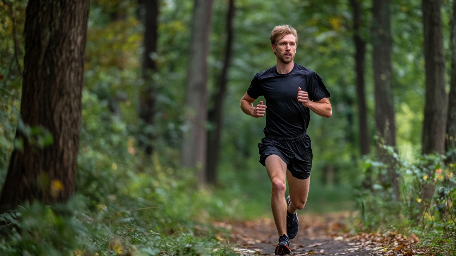 man in black running through a forest trail surrounded by greenery