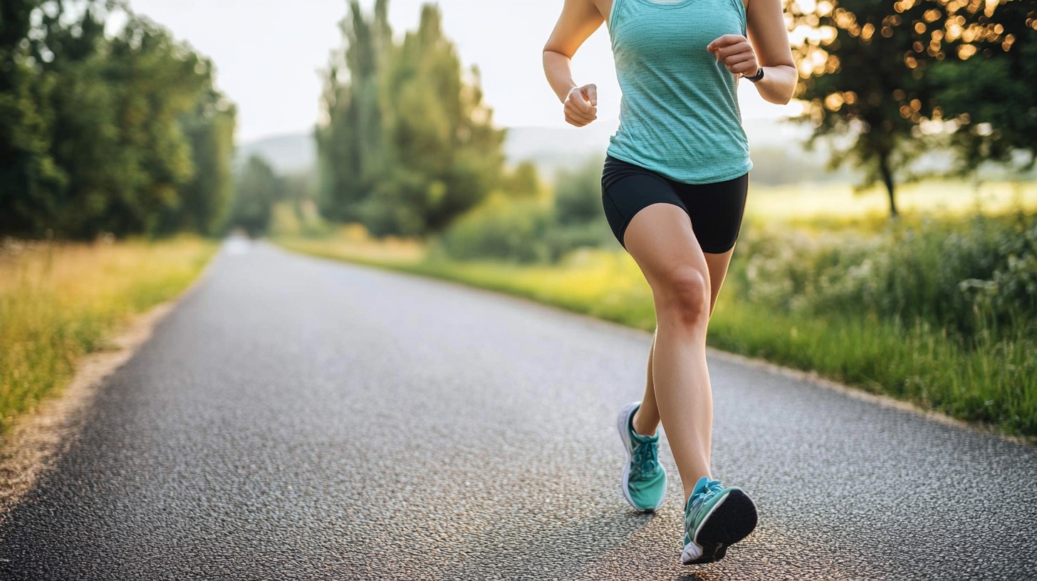 woman in a turquoise tank top and black shorts running on a scenic road surrounded by trees