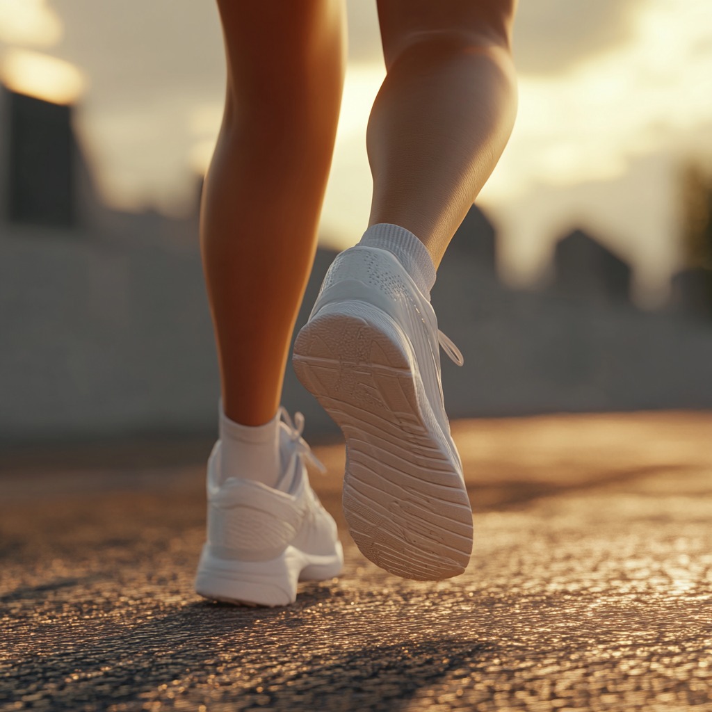 Close-up of legs in white running shoes taking a step on a sunlit path, with a soft background of the city skyline at sunrise