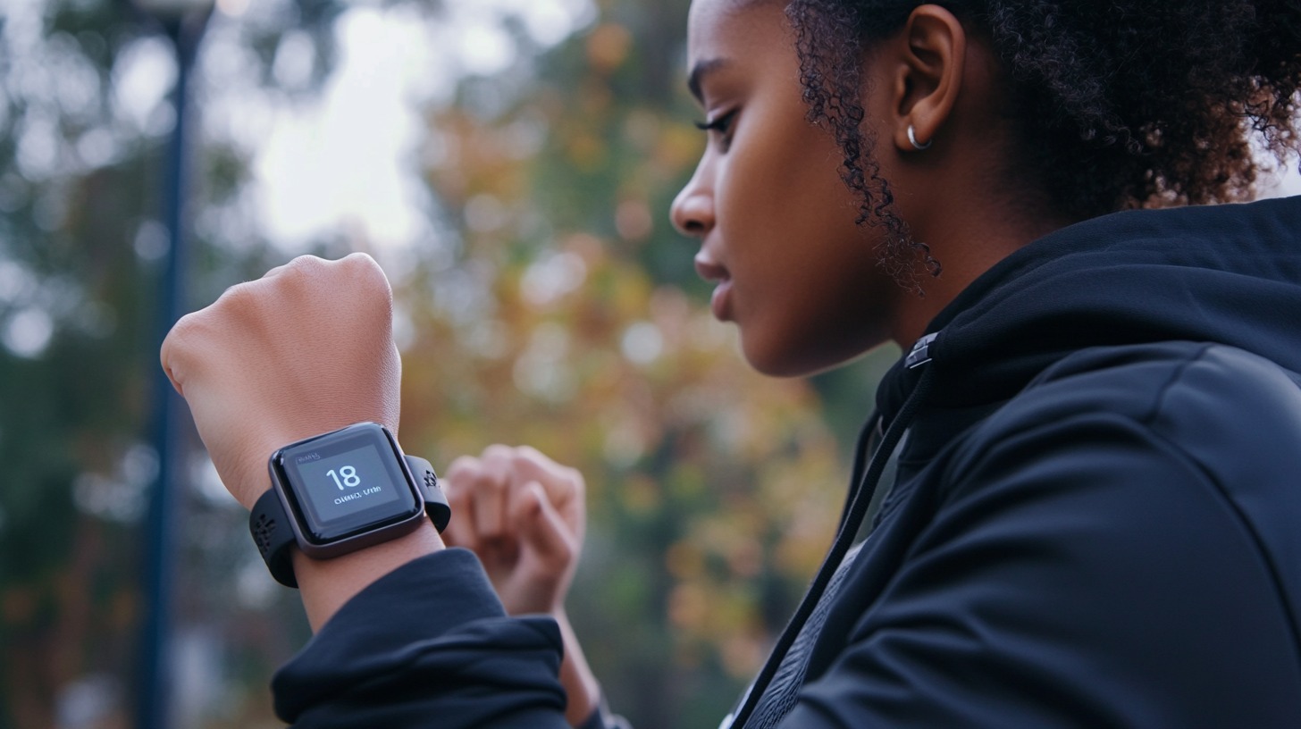 woman in a black jacket checking her smartwatch during an outdoor workout