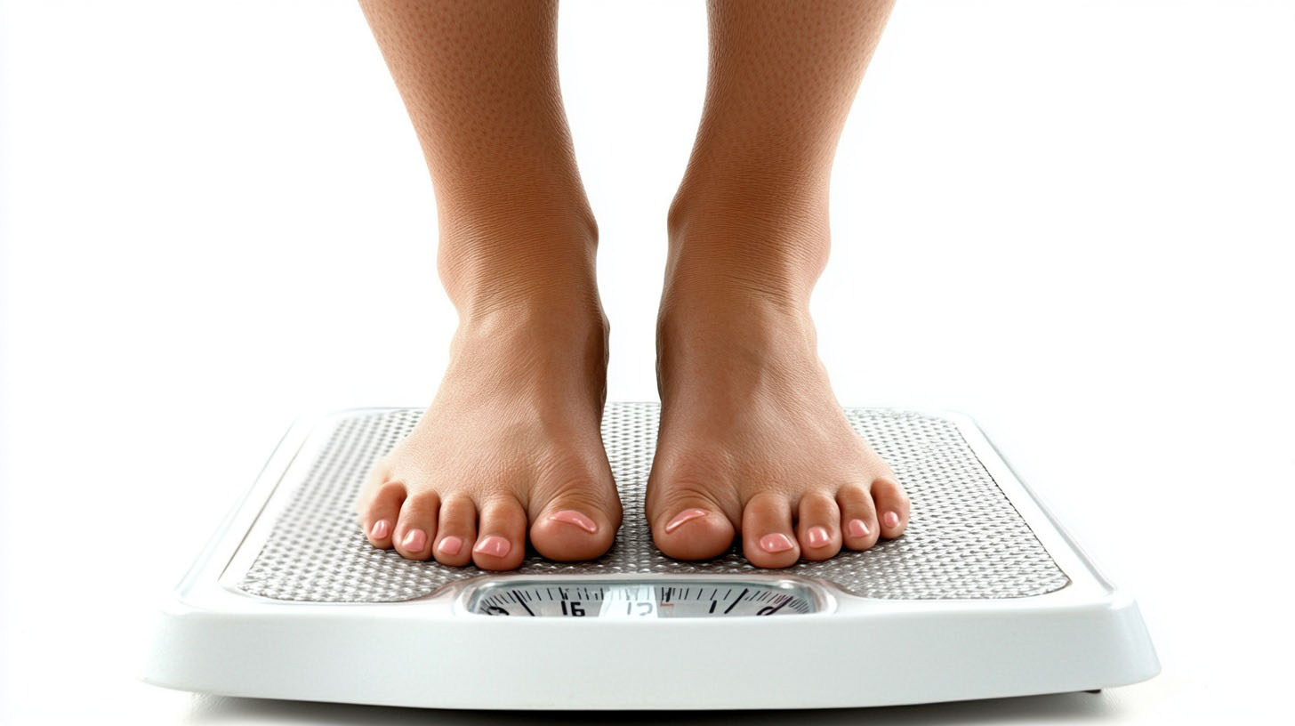 Close-up of bare feet standing on a white bathroom scale, showing a focus on weight management