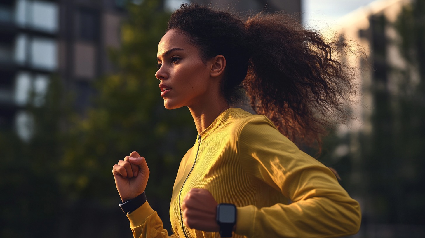 Focused runner in a yellow jacket during an outdoor run, with the city in the background