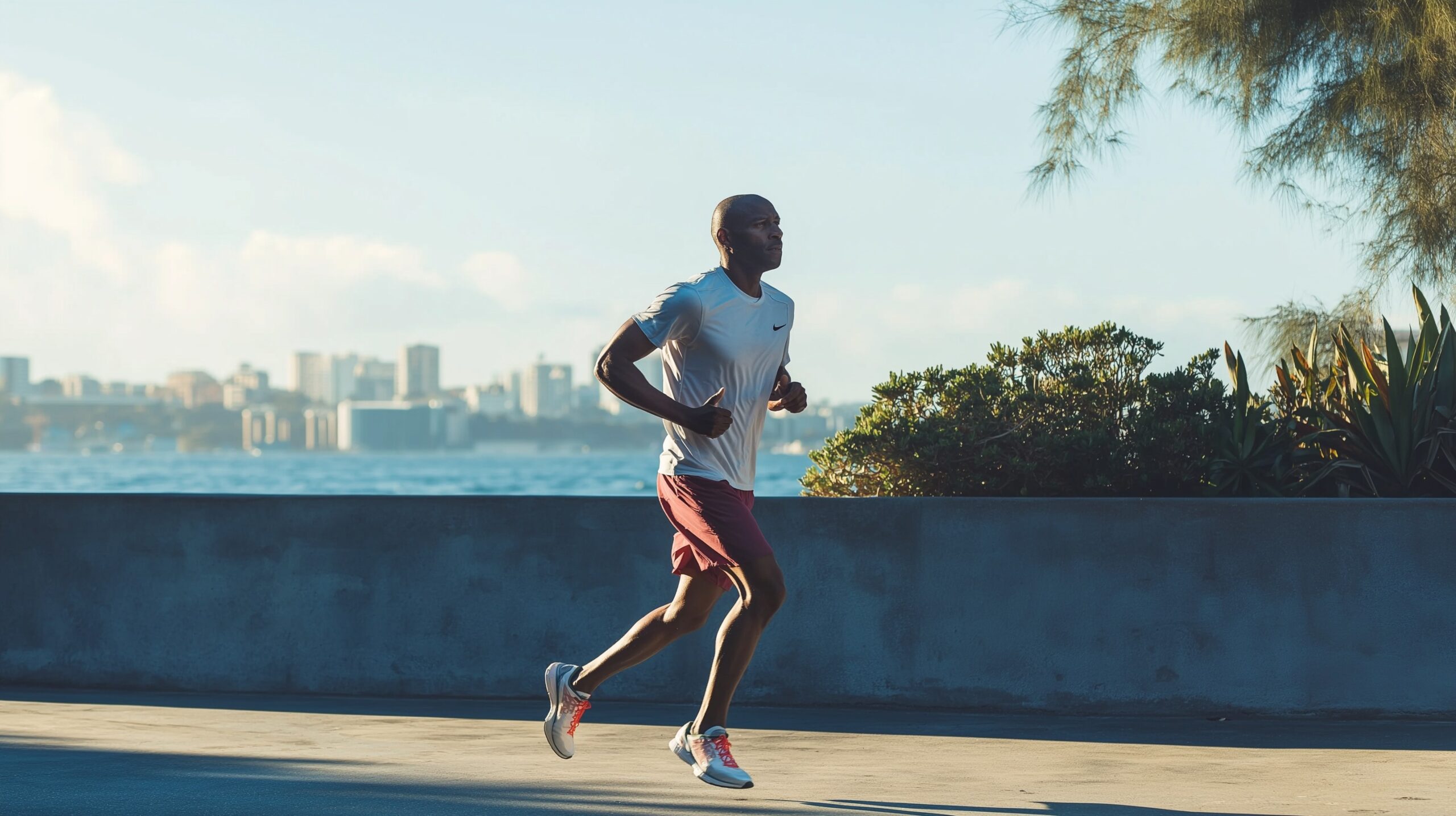 A man running along a path near the water, with greenery and a city skyline in the background under a clear sky